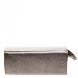 Aspinal Of London Grey Glossy Lizard Print Leather Medium Cosmetic Pouch