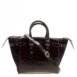 Aspinal of London Dark Brown Croc Embossed Leather Marylebone Top Handle Bag