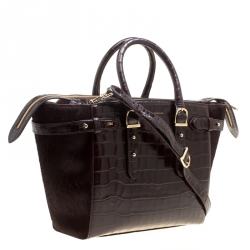 Aspinal of London Dark Brown Croc Embossed Leather Marylebone Top Handle Bag