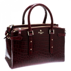Pre Owned Aspinal Of London Burgundy Croc Embossed Leather Brook Street Tote