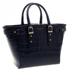Aspinal of London Blue Croc Embossed Leather Marylebone Top Handle Bag