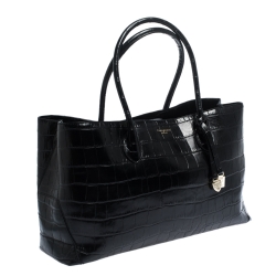 Pre Owned Aspinal Of London Black Croc Embossed Leather The London Tote