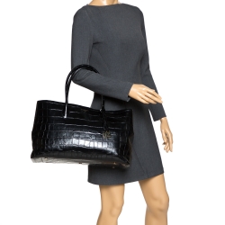 Pre Owned Aspinal Of London Black Croc Embossed Leather The London Tote