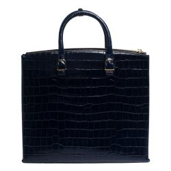 Pre Owned Aspinal Of London Midnight Blue Croc Embossed Leather Madison Tote