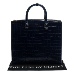Pre Owned Aspinal Of London Midnight Blue Croc Embossed Leather Madison Tote
