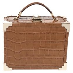 Aspinal of London Tan Croc Embossed Leather Mini Trunk Top Handle Bag
