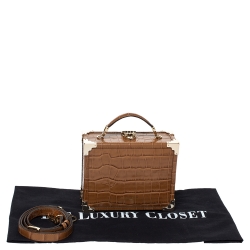 Aspinal of London Tan Croc Embossed Leather Mini Trunk Top Handle Bag