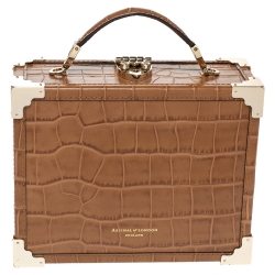 Aspinal of London Tan Croc Embossed Leather Mini Trunk Top Handle Bag