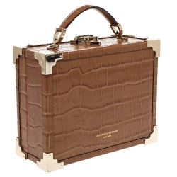 Aspinal of London Tan Croc Embossed Leather Mini Trunk Top Handle Bag