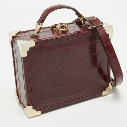 Aspinal of London Burgundy Croc Embossed Leather Mini Trunk Top Handle Bag
