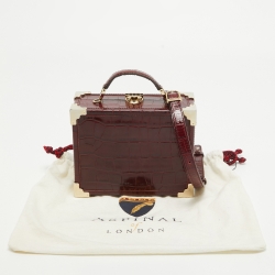 Aspinal of London Burgundy Croc Embossed Leather Mini Trunk Top Handle Bag