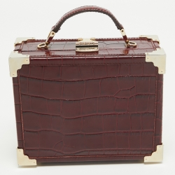 Aspinal of London Burgundy Croc Embossed Leather Mini Trunk Top Handle Bag