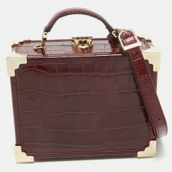 Aspinal of London Burgundy Croc Embossed Leather Mini Trunk Top Handle Bag