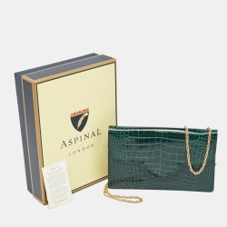 Pre Owned Aspinal Of London Green Croc Embossed Leather Large Ava Chain Bag