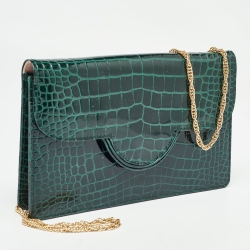 Pre Owned Aspinal Of London Green Croc Embossed Leather Large Ava Chain Bag