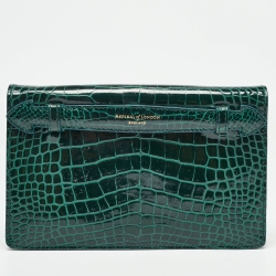 Pre Owned Aspinal Of London Green Croc Embossed Leather Large Ava Chain Bag