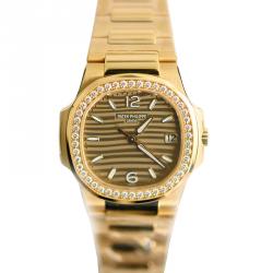 Patek Philippe Gold Tone Dial 18K Rose Gold Diamond Bezel Nautilus Women's Watch 32MM