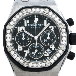 Pre Owned Audemars Piguet Black Stainless Steel Diamonds Royal Oak Offshore 26048SK.ZZ.D002CA.01 Women's Wristwatch 37 mm