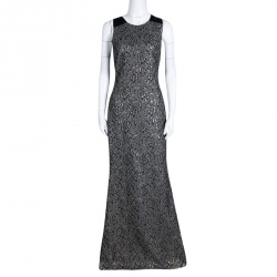 Badgley Mischka Collection Black and Gold Lace Bow Detail Sleeveless Gown M