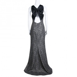 Badgley Mischka Collection Black and Gold Lace Bow Detail Sleeveless Gown M