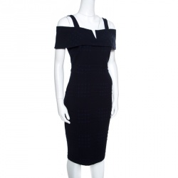 Badgley Mischka Navy Blue and Black Jacquard Knit Cold Shoulder Dress M
