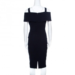 Badgley Mischka Navy Blue and Black Jacquard Knit Cold Shoulder Dress M