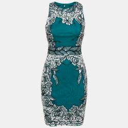Collection Teal Green Floral Sequin Embellished Sleeveless Cocktail Dress