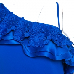 Pre Owned Badgley Mischka Blue Crepe Ruffle Detail One Shoulder Evening Gown S