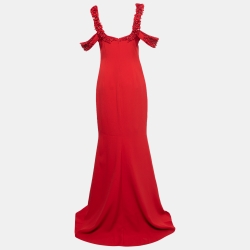 Badgley Mischka Couture Red Crepe Off Shoulder Embellished Long Gown L