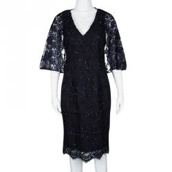 مملوكة مسبقًا Badgley Mischka Navy Blue Sequined Lace Cape Sheath Cocktail Dress S