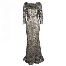 Badgley Mischka Collection Dull Gold Sequin Embellished Cowl Neck Blouson Gown S 
