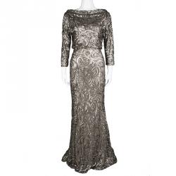 Badgley Mischka Collection Dull Gold Sequin Embellished Cowl Neck Blouson Gown S 