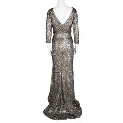 Badgley Mischka Collection Dull Gold Sequin Embellished Cowl Neck Blouson Gown S 