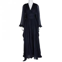 Pre Owned Badgley Mischka Navy Blue Silk Draped Embellished Cuff Detail Gown S