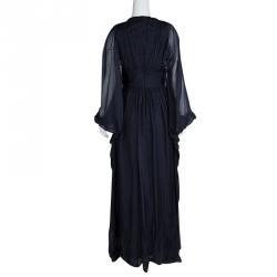 Pre Owned Badgley Mischka Navy Blue Silk Draped Embellished Cuff Detail Gown S