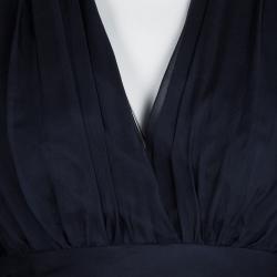 Pre Owned Badgley Mischka Navy Blue Silk Draped Embellished Cuff Detail Gown S