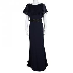 Badgley Mischka Navy Blue Plisse Ruffle Detail Embellished Maxi Dress M