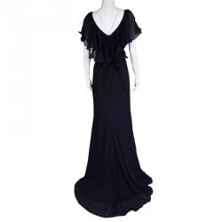 Badgley Mischka Navy Blue Plisse Ruffle Detail Embellished Maxi Dress M