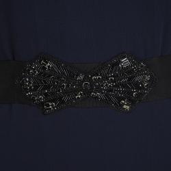 Badgley Mischka Navy Blue Plisse Ruffle Detail Embellished Maxi Dress M