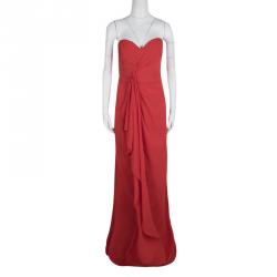 Pre Owned Badgley Mischka Red Ruched Draped Silk Strapless Maxi Dress M