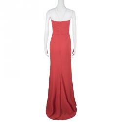 Pre Owned Badgley Mischka Red Ruched Draped Silk Strapless Maxi Dress M