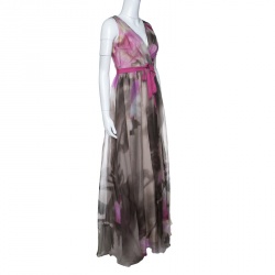 Pre Owned Badgley Mischka Collection Floral Printed Organza Contrast Belted Ball Gown S