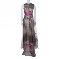 Pre Owned Badgley Mischka Collection Floral Printed Organza Contrast Belted Ball Gown S
