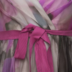 Pre Owned Badgley Mischka Collection Floral Printed Organza Contrast Belted Ball Gown S