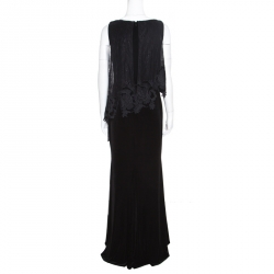 Pre Owned Badgley Mischka Black Velvet Floral Applique Lace Popover Gown M