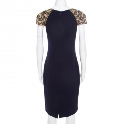 Pre Owned Badgley Mischka Collection Navy Blue Embellished Cap Sleeve Cocktail Dress M
