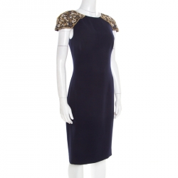 Pre Owned Badgley Mischka Collection Navy Blue Embellished Cap Sleeve Cocktail Dress M