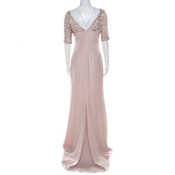 Badgley Mischka Collection Pale Pink Textured Crepe Sequin Embellished Gown M 