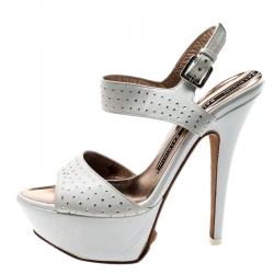 Baldinini White Crystal Embellished Leather Ankle Strap Platform Sandals Size 37