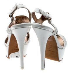 Baldinini White Crystal Embellished Leather Ankle Strap Platform Sandals Size 37